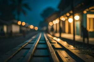 un' treno traccia a notte con luci su il lato. ai-generato foto