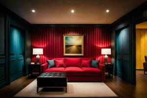 un' rosso divano si siede nel un' camera con blu muri. ai-generato foto