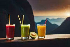 tre bicchieri di succo con un' Visualizza di montagne. ai-generato foto