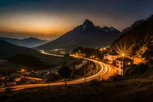 un' strada nel il montagne a tramonto. ai-generato foto