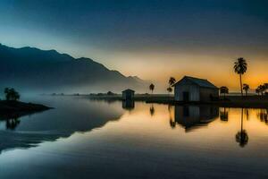 un' lago con un' piccolo Casa e palma alberi a Alba. ai-generato foto