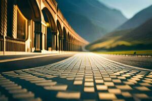 un' lungo strada con un' ponte nel il sfondo. ai-generato foto