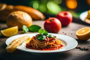 spaghetti con pomodoro salsa e pane su il tavolo. ai-generato foto