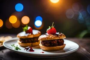 Due mini hamburger su un' piatto con un' fragola su superiore. ai-generato foto