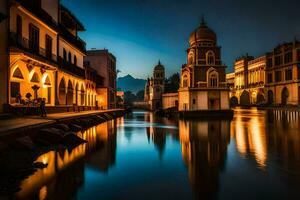 un' fiume nel davanti di edifici a notte. ai-generato foto