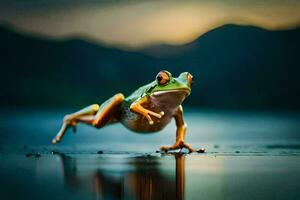 un' rana salto su il acqua con un' tramonto nel il sfondo. ai-generato foto