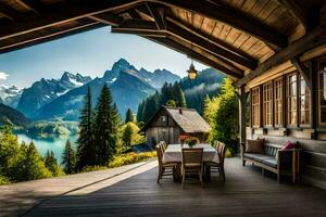 un' tavolo e sedie su un' veranda prospiciente un' lago. ai-generato foto