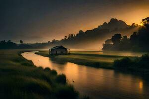 un' Casa si siede su il banca di un' fiume a Alba. ai-generato foto