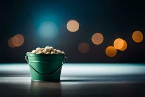 un' secchio di Popcorn su un' tavolo con bokeh luci. ai-generato foto