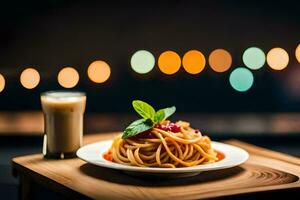 spaghetti e un' bicchiere di latte su un' di legno tavolo. ai-generato foto