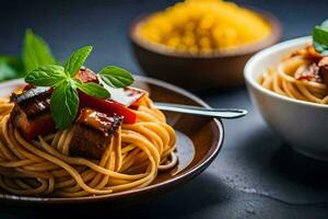 spaghetti con carne e verdure nel un' ciotola. ai-generato foto