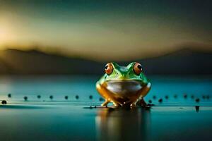 un' rana seduta su il acqua con il sole nel il sfondo. ai-generato foto