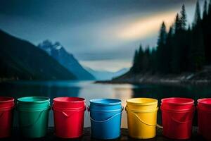 colorato benne foderato su su un' bacino prospiciente un' lago. ai-generato foto