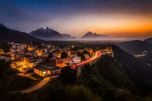 il tramonto al di sopra di il cittadina di castel del ghiaccio. ai-generato foto