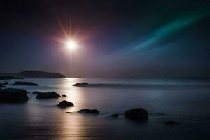 un' pieno Luna brilla al di sopra di il oceano e rocce. ai-generato foto