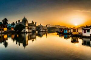 il sole imposta al di sopra di un' lago nel India. ai-generato foto