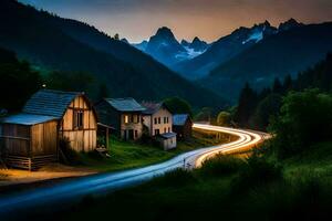 un' strada nel il montagne con un' Casa e montagna nel il sfondo. ai-generato foto