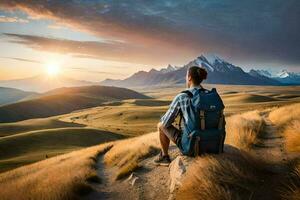 un' uomo con un' zaino si siede su il bordo di un' montagna a tramonto. ai-generato foto