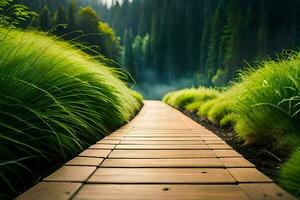un' di legno sentiero attraverso un' lussureggiante verde foresta. ai-generato foto