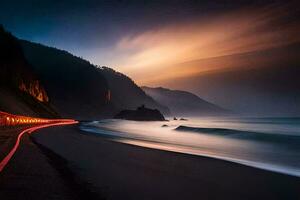 un' lungo esposizione fotografia di un' strada su il spiaggia a notte. ai-generato foto