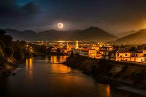 foto sfondo il Luna, fiume, cittadina, montagne, notte, fiume, città, fiume,. ai-generato