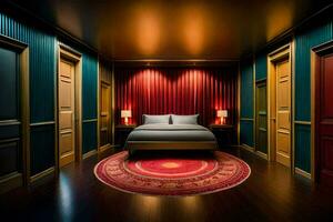 un' Camera da letto con rosso muri e un' colorato tappeto. ai-generato foto