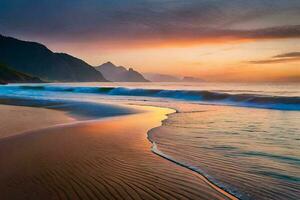 il spiaggia a tramonto con onde e montagne nel il sfondo. ai-generato foto