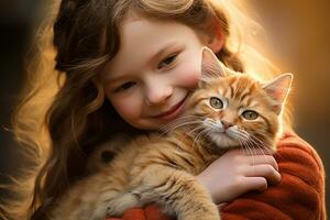 vicino su di un' giovane ragazza abbracciare sua gatto bokeh stile sfondo con generativo ai foto