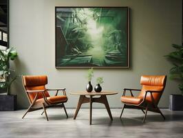 mezzo secolo moderno vivente camera con Marrone pelle sedie e tavolo ai generativo foto