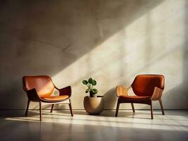 Due di legno pelle sedie con un' caffè tavolo nel un' moderno casa ai generativo foto