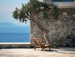 balcone terrazza di un' pietra Casa di un' blu mare con un' spiaggia sedia vicino un' albero ai generativo foto