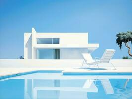 nuoto piscina e prato sedia vicino moderno bianca villa ai generativo foto