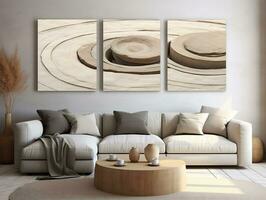 moderno vivente camera con un' beige divano e caffè ai generativo foto