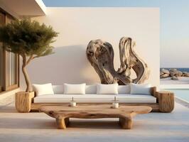 bellissimo terrazza con grande bianca legna arredamento tavolo e divano con oliva albero nel pentola ai generativo foto