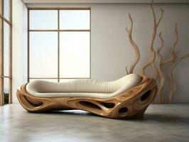 3d modello di un' moderno divano fatto a partire dal legna ai generativo foto