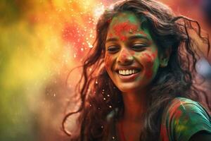 contento indiano donna con holi polvere su sua viso a holi Festival bokeh stile sfondo con generativo ai foto