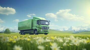 verde camion eco-friendly mezzi di trasporto concetto su primavera prato. ai generato foto