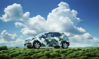 eco-friendly auto e natura su un' blu cielo con nuvole. ispirata alla natura trasporto. ai generato foto