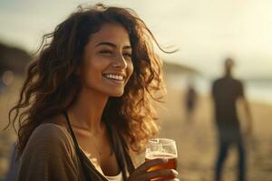 donna sorridente e Tenere un' birra a il spiaggia bokeh stile sfondo con generativo ai foto