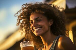 donna sorridente e Tenere un' birra a il spiaggia bokeh stile sfondo con generativo ai foto