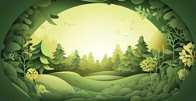 carta tagliare foresta sfondo con alberi e luce del sole nel occhiali da sole di verde. ai generato foto