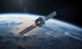 satellitare orbitante nel spazio con un' Visualizza in direzione terra. ai generato foto