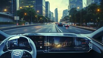 bordo tagliente inteligente auto con hud e sensore radar sistemi su città strade. ai generato foto