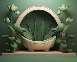 di legno vasca da bagno contro un' verde parete ornato con loto fiore decorazioni. ai generato foto