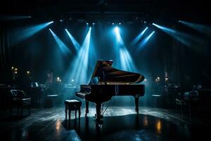 il pianoforte è nel il centro di il palcoscenico nel il leggero di il faretti. musicale prestazione. generativo ai foto