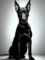 contento doberman pinscher cane nero e bianca monocromatico foto nel studio illuminazione