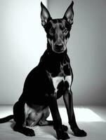 contento doberman pinscher cane nero e bianca monocromatico foto nel studio illuminazione