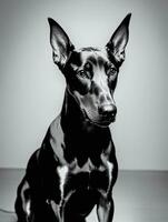 contento doberman pinscher cane nero e bianca monocromatico foto nel studio illuminazione