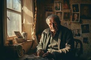 anziano uomo seduta di il finestra nel un vecchio appartamento, vecchio foto nel mano, solitudine