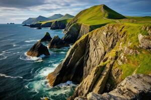 panoramico Visualizza di il Faroe isole, autonomo regione di il regno di Danimarca, squillare di dingle penisola kerry Irlanda Dunquin molo porto roccia pietra scogliera paesaggio paesaggio marino, ai generato foto